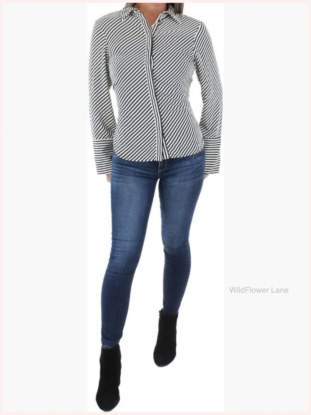 Long Sleeve Striped Button Down Shirt Blouse V-Neck Tunic Top